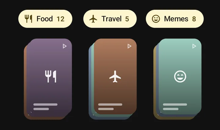 The same reels sorted into Food, Travel and Memes stacks